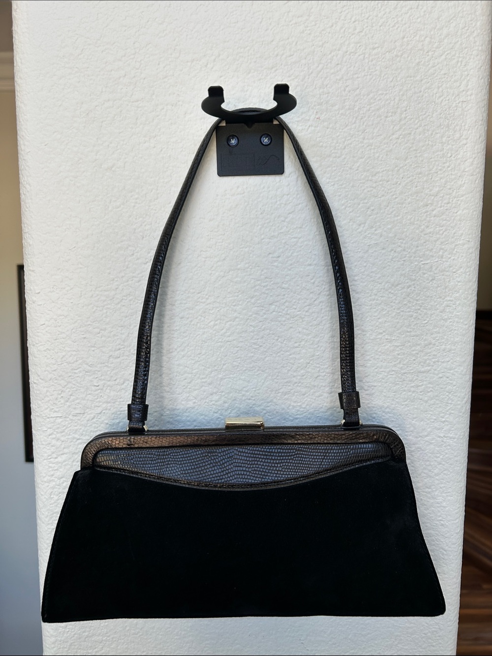 Adrienne Vittadini Black Suede Shoulder Bag with Metallic Trim